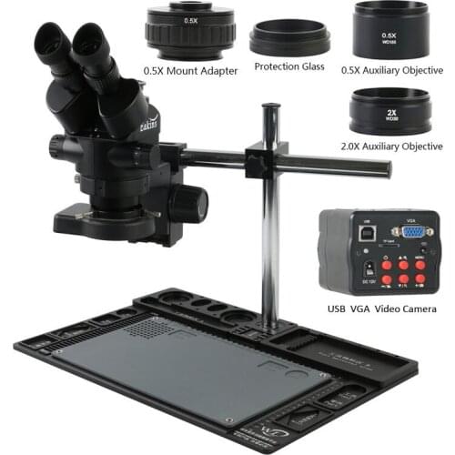 3.5X-90X Continuous Zoom Simul-focal Trinocular Stereo Microscope 1080P VGA USB TF Video Camera 0.5X CTV Adapter Workbench