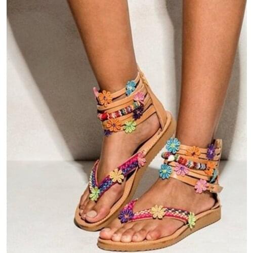 Siddons Ethnic Style Women Flats Sandals Open Toe Back Zipper Flowers Designer Shoes Woman Gladiator Sandals Zapatos De Mujer