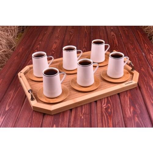 Cappu Set of 6 Tea Cups | Porcelain | Silver | Bamboo Saucer | Home--Tea Set | Made in Turkey