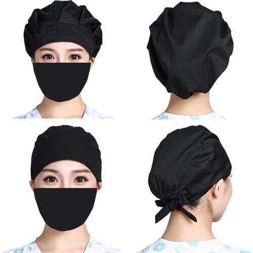 Black Bouffant Scrub Hats Sets Washable Cotton Sweatband Caps Bandage Adjustable Hats Anti-dust Reuseable Head Cap Accessories