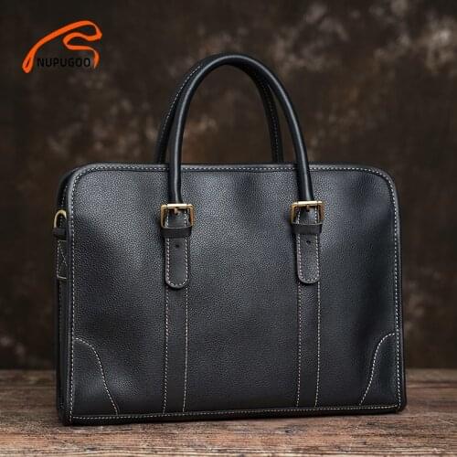 NUPUGOO Business Mens Briefcase Genuine Leather Casual Man Handbag Shoulder Bag Fashion Commute Work Bag For 14 Inch Laptop