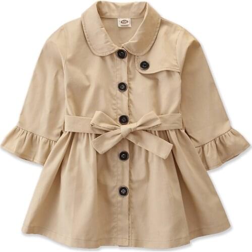 Kids Girls Solid Color Trench Coat Single-breasted Lapel Bandage Long Sleeve Coat Long Jacket Fashion British Style Outerwear