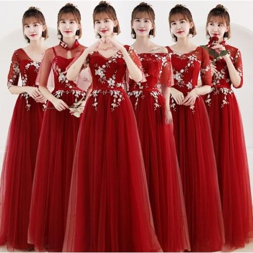 Bridesmaids Dresses Vintage Off The Shoulder Boat Neck Embroidery Short A-Line Floor-Length Tulle Women Wedding Party Gown E179