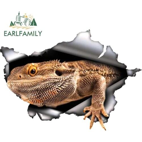EARLFAMILY 13cm x 9.6cm 3D Grey Bearded Dragon Car Sticker Torn Metal Decal Reflective Stickers Window Car Bumper Decoration