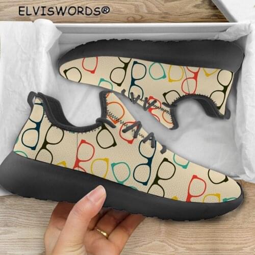 ELVISWORDS Retro Color Glasses Print Comfortable Ladies Mesh Knit Sneakers Casual Lace Up Walking Shoes for Women zapatos mujer