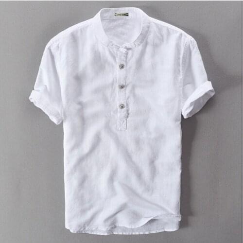 Sky Blue Grey White Navy Flax Hemp Summer Male Short Sleeve Traditional Chinese Collar Linen Shirt For Men