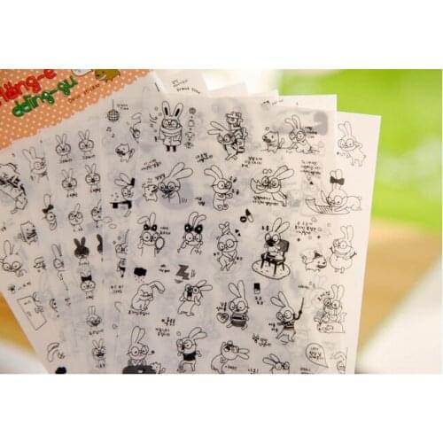 1Set/6pcs DIY Sticker,The Fame,PVC Transparent Diary Sticker,Black And White Rabbit,Cartoon Paster,Decorative Sticker