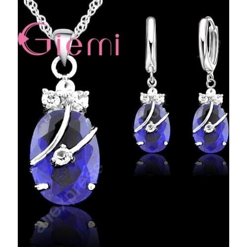 New Arrival S925 Stamped Silver Color Jewelry Sets Charming Oval Crystal Stone Flower Pendant Necklace Loop Earrings