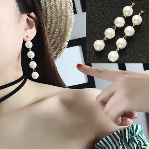 Hot New Wild Simple Temperament Earrings Exaggerated Large Imitation Pearl Tassel Long Earrings Beaded Prevent Allergy Earrings