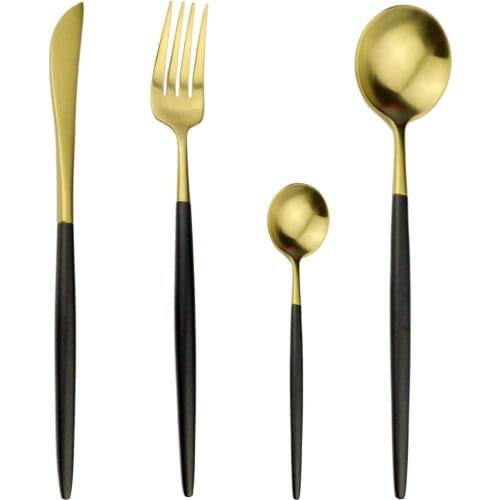 JANKNG 24-Pcs Black Gold Cutlery Set Dinner Dessert Fork Spoon Knife Wedding Dinnerware Set 304 Stainless Steel Tableware