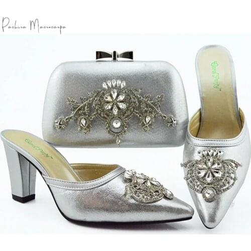 Italian Design Lastest Nigerian Fashion Party Wedding Ladies Shoes and Bag Set Decorated With Rhinestone in Silver Color
