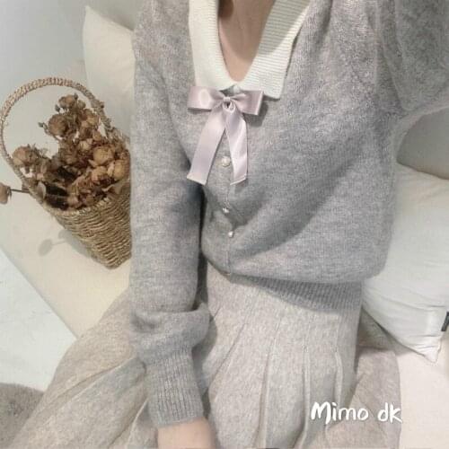 Sweet Doll Collar Bow Sweater Women Simple College Style Button Stitching Knitted Pullover Sweaters Fall 2020 Women