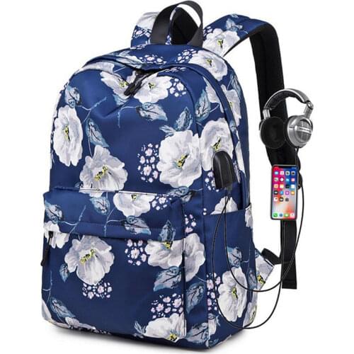 USB Canvas Backpack College School Backpack Bag Flower Printing Laptop Backpacks Student Book Bag Travel Rucksack for Women