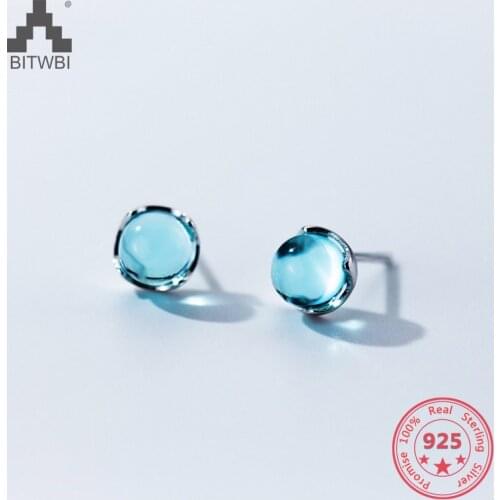 S925 Fashion Wholesale Sterling Silver Stud Earrings Round Light Blue Crystal Earrings Fine Jewelry For Girls Friend Gift