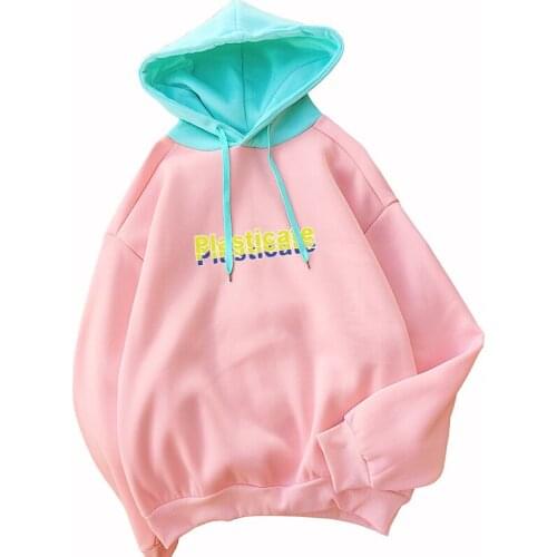 Womens Hooded Sweatshirts y2k Fleece Hit Color Casual Creative Plasticate Letter Print Korean Fashion Kpop Bangtan Boys Hoodies