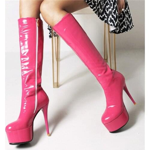 Platform Women High Boots Autumn Winter Patent Leather Knee High Boots Women Heels Western Yellow White Red Party Fetish Shoes