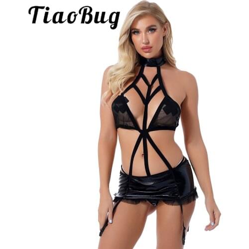 Womens Patent Leather Lingerie Set Transparent Mesh Halter Top Hollow Out Backless Bra Lace-up Skirt with Garters G-string