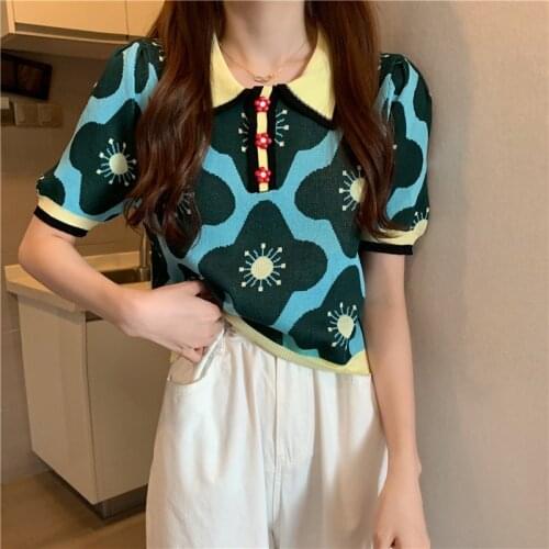 2021 Summer New Lapel Color contrast Flower Jacquard Knitted Cropped Top Women Chic Flower Button Thin Sweater