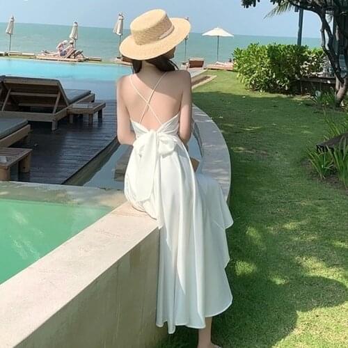 Summer Fashion Silk Boho Long Dresses Women Spaghetti Strap Sling Backless Holiday Elegant Hawaii Bali Thailand Vacation Vestido