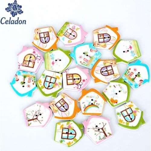 26x26mm 50pcs Fashion Pretty Small House 2 Holes Wooden Buttons Sewing Craft Scrapbooking DIY Amazing