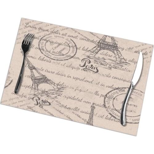 6 Pcs Placemat Vintage Eiffel Tower Lettering Paris Stamps Fabric Table Mats Tableware Kitchen Tool Table Mats