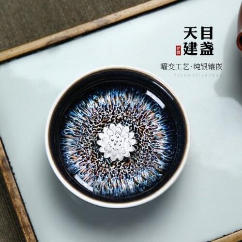 Chang tao 】 ceramic temmoku oil-lamp can build sample tea cup 990 sterling silver hand master cup kiln silver bowl