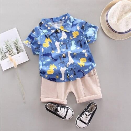 Childrens Clothing 2021 Summer New Boy Sun Flower Dinosaur Short-sleeve Shirt Jeans Two-piece Cartoon Baby Girls Suit 1-4 Years