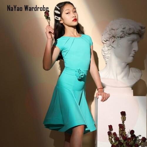 G3470 One Side Rose Flower Kids Latin Dance Dress Lotus Design Girl Latin Dancing Cloth for Stage Ballroom Dancewear