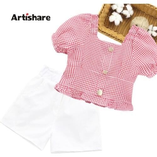Girls Clothes Plaid Pattern Girl Clothes Tshirt + Short Kids Girls Clothes Summer Tracksuit Kids 6 8 10 12 14