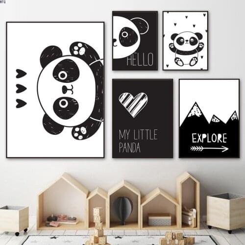 Kawaii Panda Wall Art Canvas Painting Black White Hello Quote Posters and Prints Nordic Picture Kids Baby Room Bedroom Decor