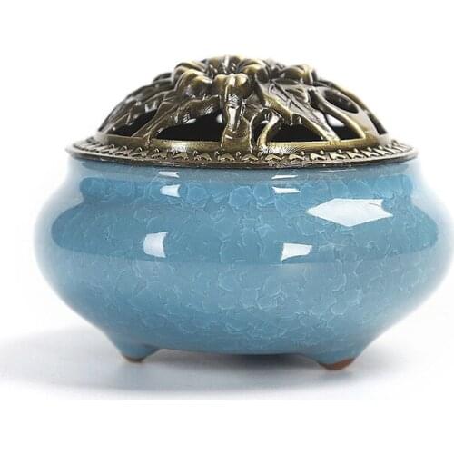 Ceramic incense burner copper cover antique alloy wire sandalwood coil stick incense holder yoga fragrance burner home decor