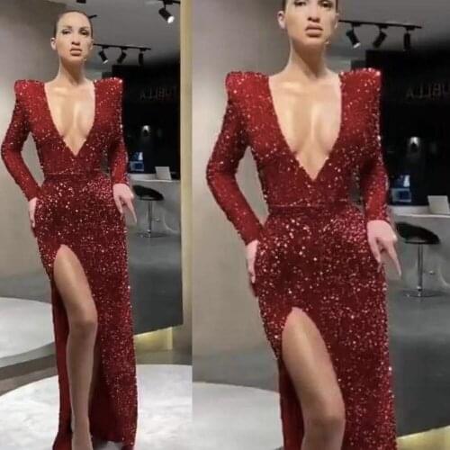 Red prom dresses 2020 deep v neck sexy long sleeve sparkly evening dresses side slit formal dresses