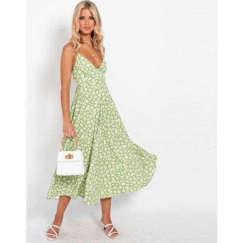 Summer Little Daisy Floral Spaghetti Strap Dress Women 2021 New Casual V Neck Backless Ladies Bandage Print Dress