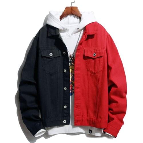 Fall/Winter New Mens Denim Jacket Fashion Slim Casual Two-color Stitching Black Red/Blue Black/White Red Stretch Denim Jacket