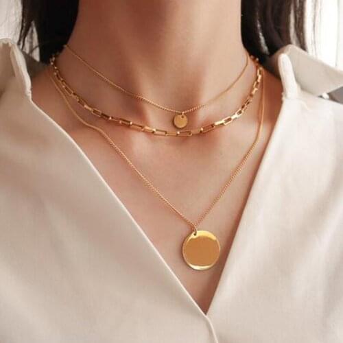 Delicate Disc Pendant Gold Color Stainless Steel Long Chain Multilayered Coin Choker Necklace Set Jewelry for Women Lady Girls