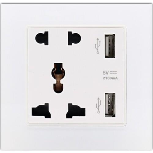 New Luxury Glass Panel Wall Power Socket Plug, Universal 5 Hole Electrical Outlet With 2100mA Dual USB Charge Port for Mobile
