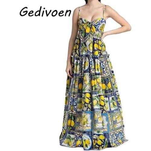 Gedivoen Summer Fashion Runway Cotton Dress Women Bohemian Vacation Elegant Spaghetti Strap Lemon print Long Dress
