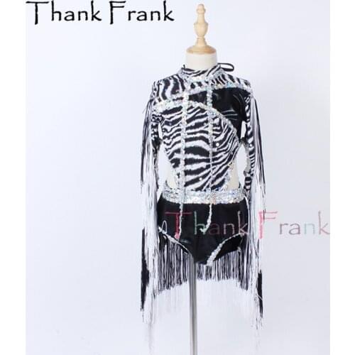 New Girls Tassel Latin Dress Women Zebra Pattern Contemporary Modern Dresses Kids Adult Sequin Long Sleeve Dance Costumes C761