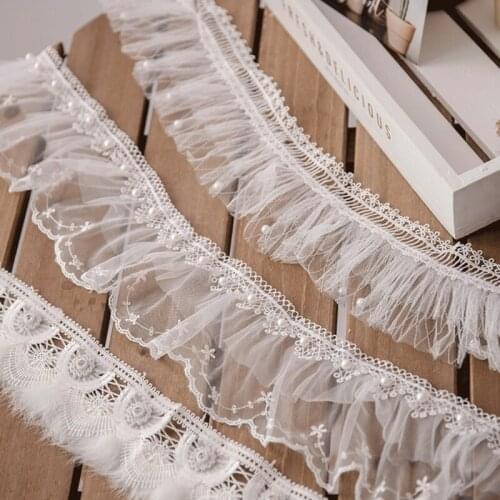 1 Yard Pleated Mesh Lace Ruffle Trim Ribbon Tassel Faux Pearl Beading Applique Wedding Bridal Dress DIY Sewing Craft