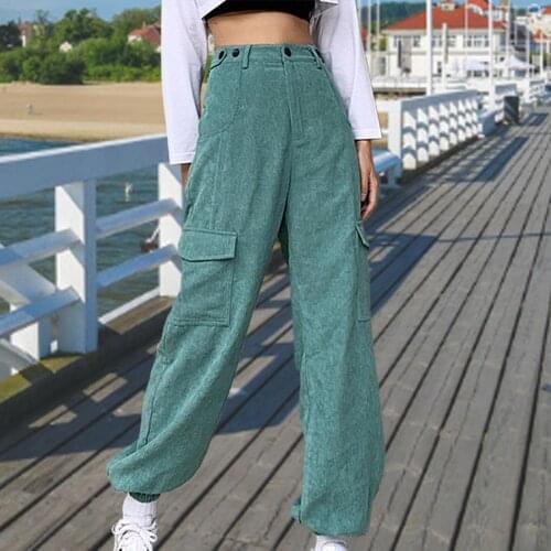 Streetwear High Waist Corduroy Green Pants Women Vintage Joggers Loose Ankle Tied Sweatpants Aesthetic Cargo Pants Cuteandpsycho
