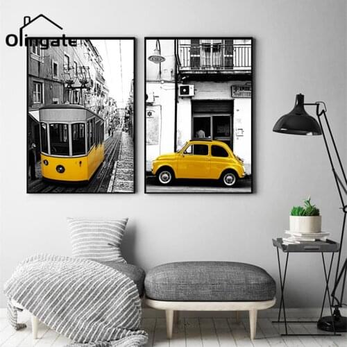 Nordic Modern Yellow Style Car Balloon Scenery Poster European Landscape Canvas Painting ONE PIECE Wall Art PICTURE HOME DECOR