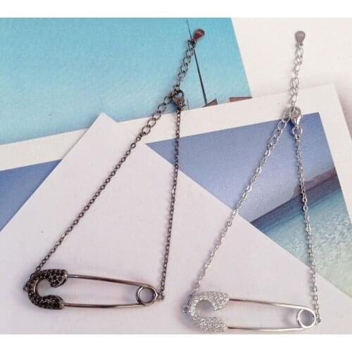 SOELLE Fashion Solid 925 Sterling Silver White and Black Grey Safety Pin Bracelet Micro Cubic Zirconia Women Fine Party Jewelry