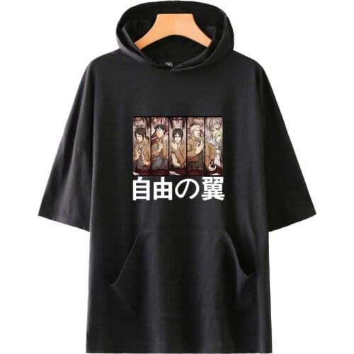 Japanese Anime Attack on Titan Short Sleeve Sweatshirt Hooded T Shirt Male Hip Hop Streetwear Sports Wear Tracksuit Tops Tees