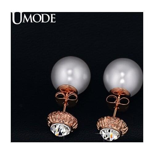 UMODE Austrian Rhinestone Flower Bud Simulated Pearl Double Sided Stud Earrings Rose Gold Color Jewelry For Women JE0252A