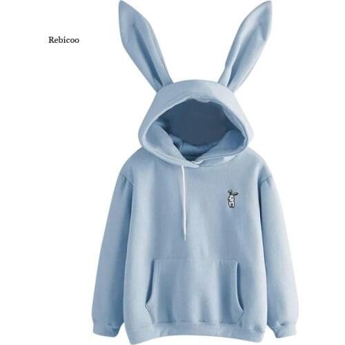 Women Hoodies Kawaii Rabbit Ears Fashion Hoody Casual Solid Color Warm Sweatshirt Hoodies Autumn Winter New