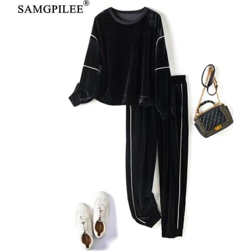 Samgpilee Set Woman 2 Pieces Women 2021 Full Sleeve Casual Pullover O-neck Elastic Waist Knee-length Solid Women Trouser Suit