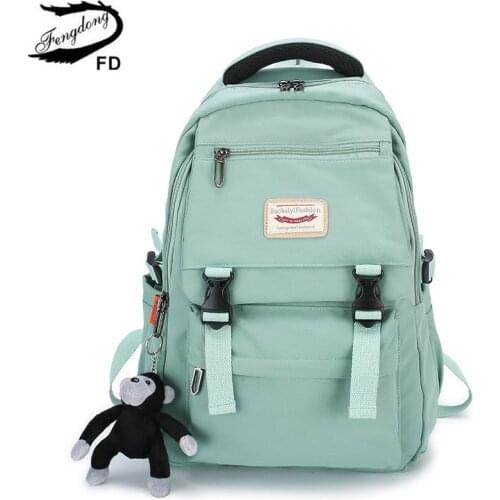 Fengdong fashion school backpack for girls green pink yellow backpack for women cute doll book bag girl student high school bags