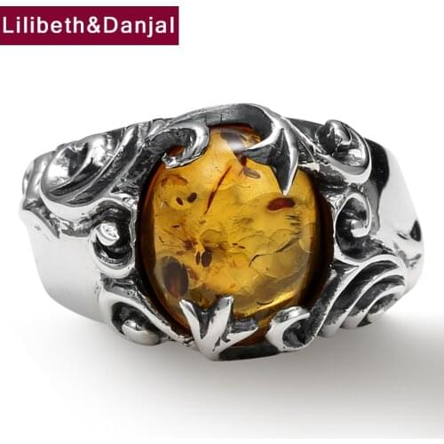 Inlaid Amber Ring Pure 925 Sterling Silver Couples Flower Vine Gemstone Vintage Fashion Fine Jewelry Women Men 2021 Designer R75