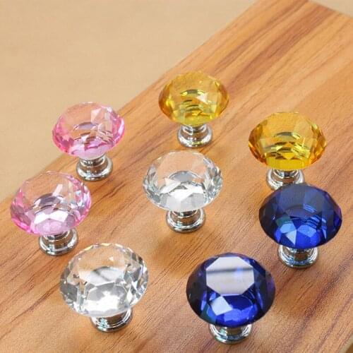 30mm Glass Dresser Knob Drawer Handles Pulls Knob Chrome Silver Clear Pink Yellow Blue Modern Crystal Cupboard Cabinet Pull