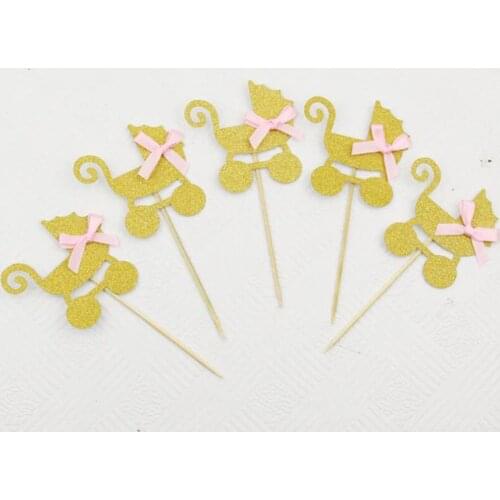 5 Pcs/set Lovely Baby Carriage Bowknot Cupcake Toppers Baby Shower Boy Girl Gender Reveal Birthday Party Cake Decorations
